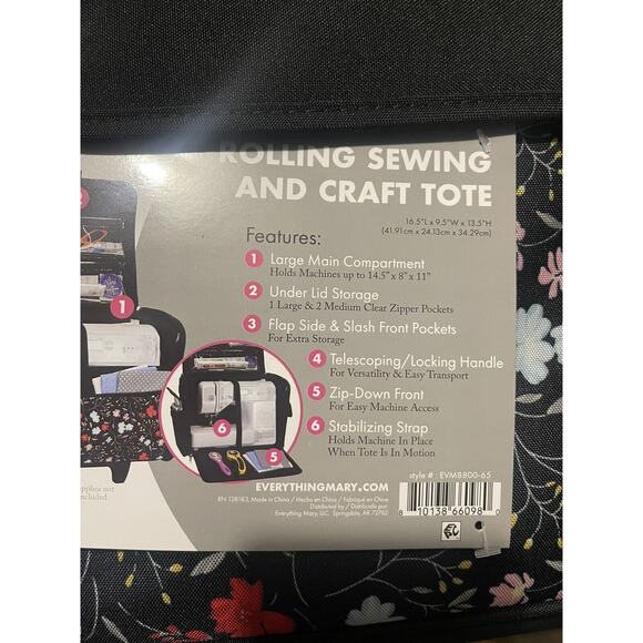 Rolling Sewing Craft Trolley Bag Black Floral Craft Organizer on Wheels New - Picture 7 of 9